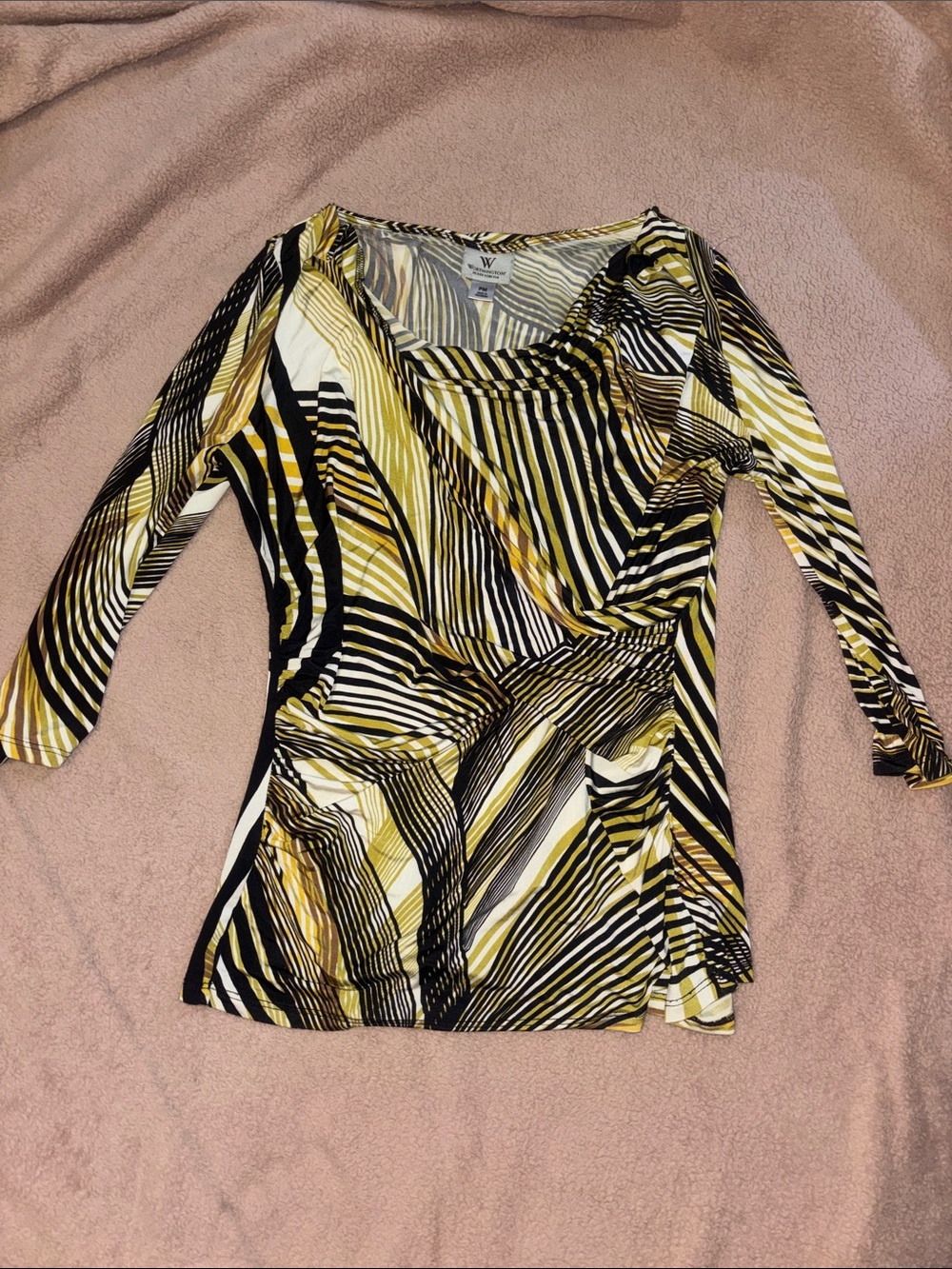 Worthington Black & White & Green Abstract Stripe silky Draped Neck Top